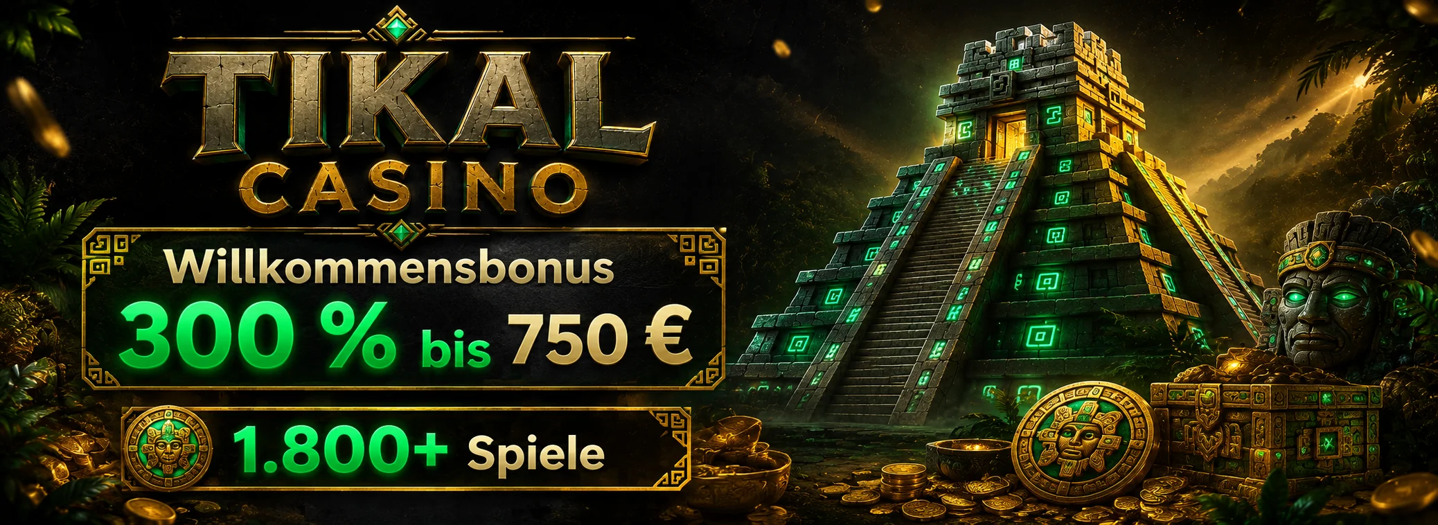 Tikal Casino Bonusbanner mit 300 Prozent bis 750 Euro vor einer Maya-Stufenpyramide