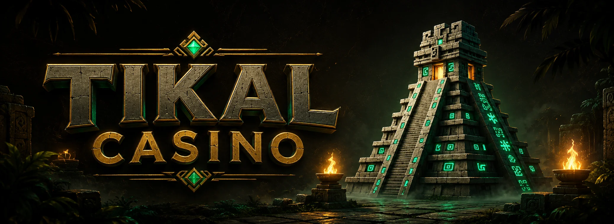 Tikal Casino Bonusbanner mit 300 Prozent bis 750 Euro vor einer Maya-Stufenpyramide